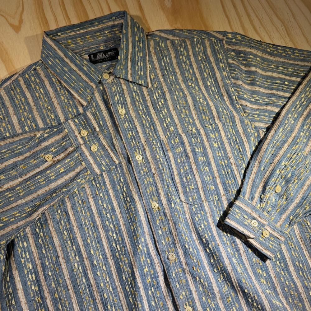 Lavané New York Men's Striped Button Down Shirt Blue Gold Textured Long Sleeve L